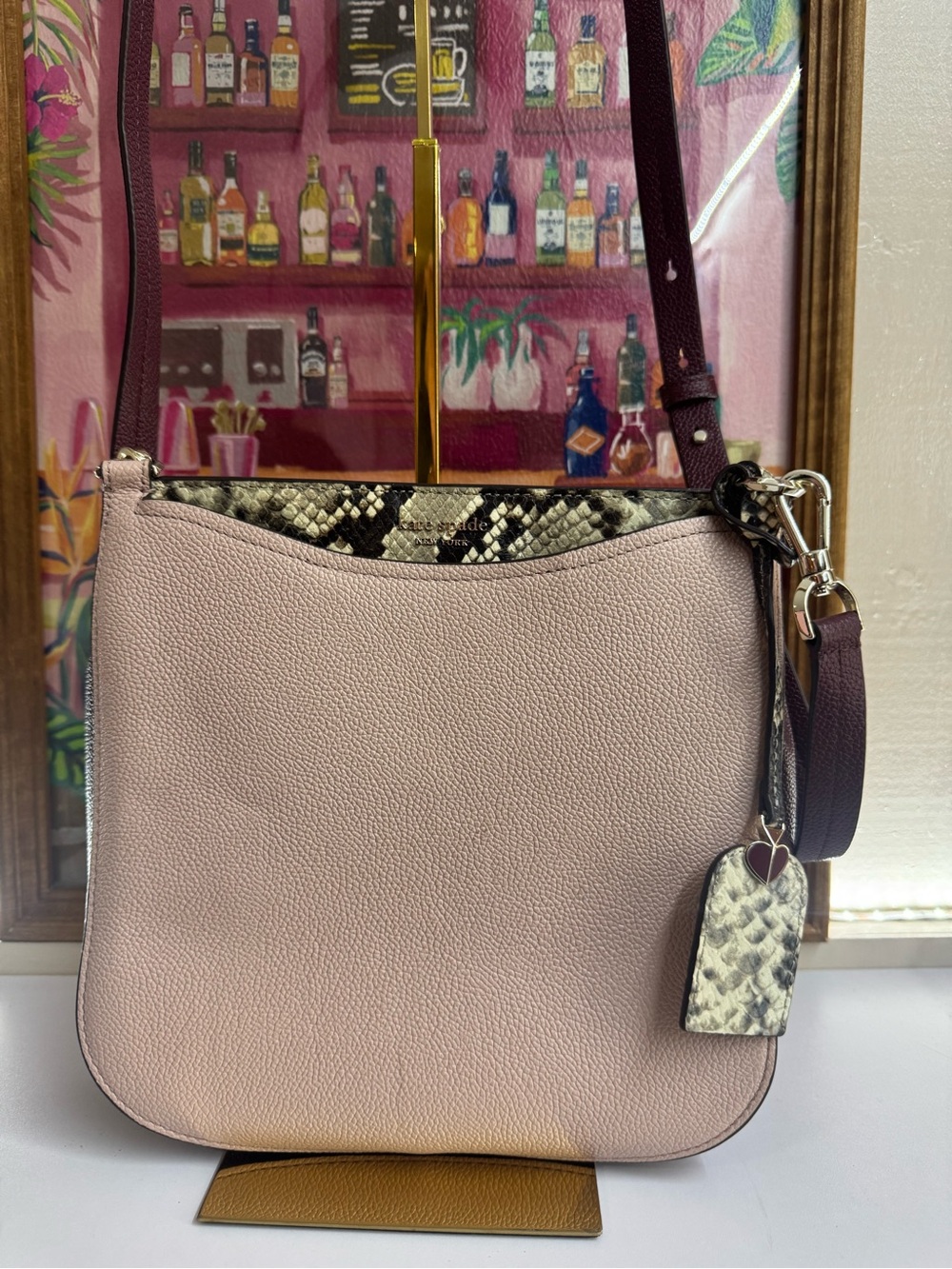 Kate Spade Blush Pink Pebbled Leather Crossbody with Snake-Print Trim & Hang Tag